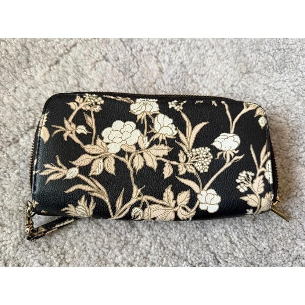 Floral Wristlet Wallet, Double Zip Around Clutch, Black